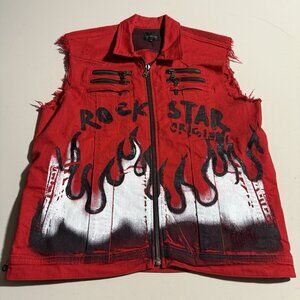 Rockstar Original Vest Men’s XXL Red Flames Graphic Jacket Distressed Zippers
